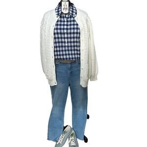 Talbots Gingham Blouse Cotton Blend Large Button Down Shirt Navy Blue White